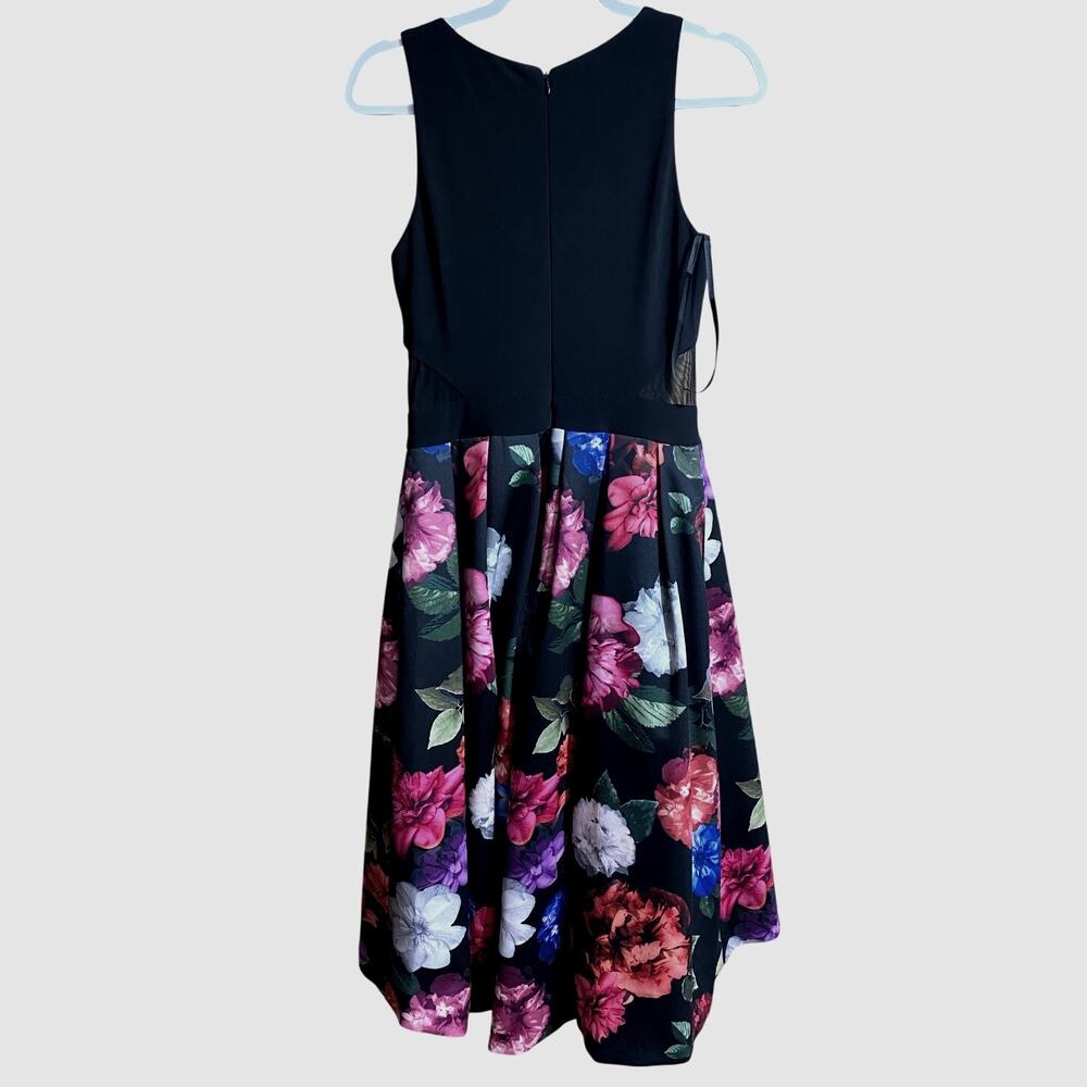 Xscape Women's Dress Size 6 Black Sheer Pink Floral Hi Lo Skirt Sleeveless - Picture 2 of 6